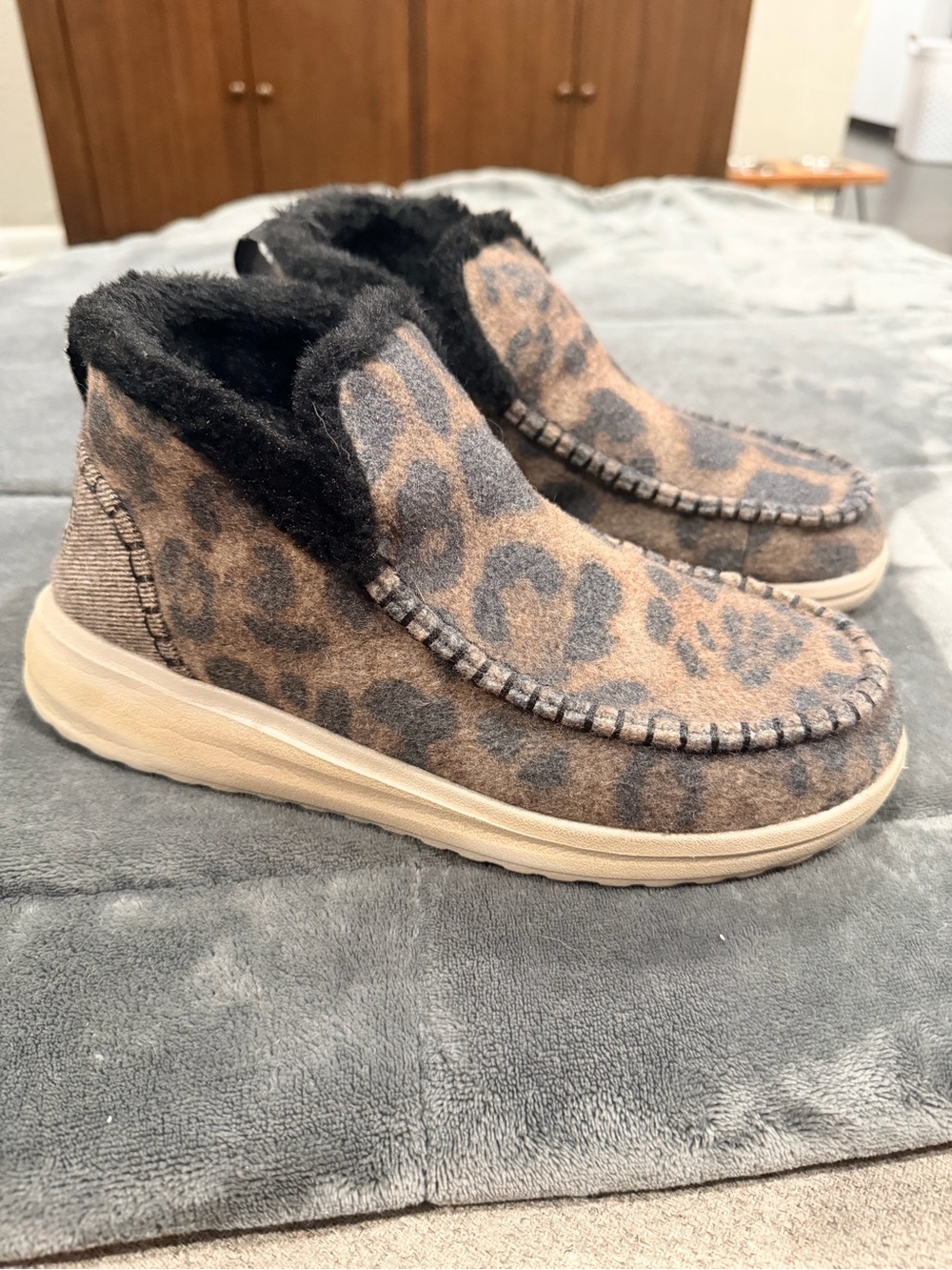 Hey Dude Leopard Print Slip-On Moccasins in Brown and Black
